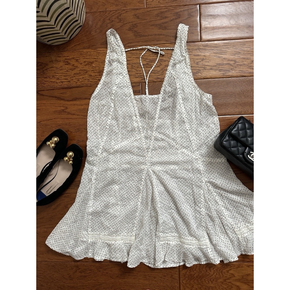 Free People Intimately M Polka Dot Top Cami Lace Trim Tie Back Mini Dress